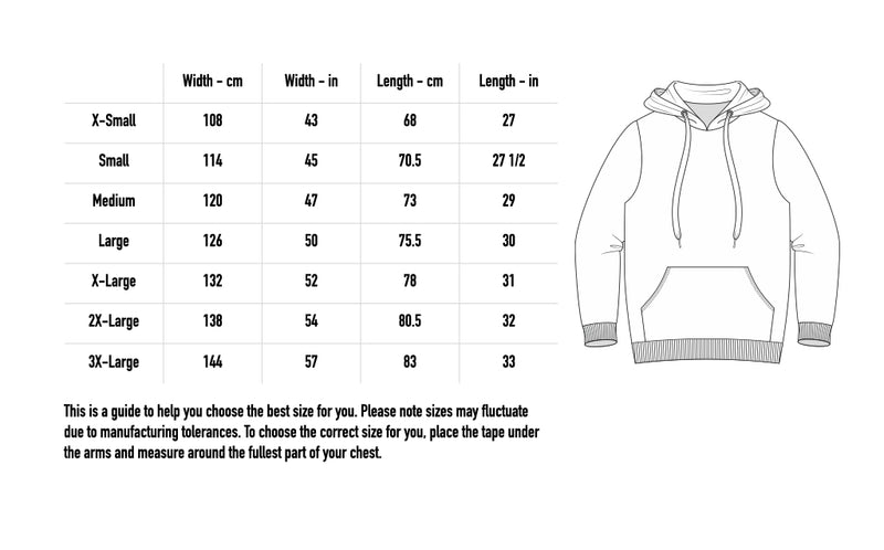 Size chart for WoB Crest Hoodie - Black