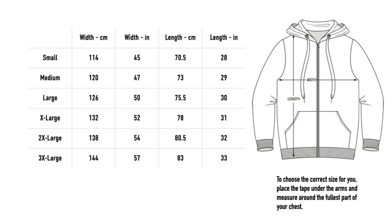 Size chart for Legion Trio Zip Hoodie - Black